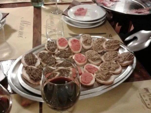 Crostini (bread with toppings), part of the antipasto at Trattoria Mimmi.